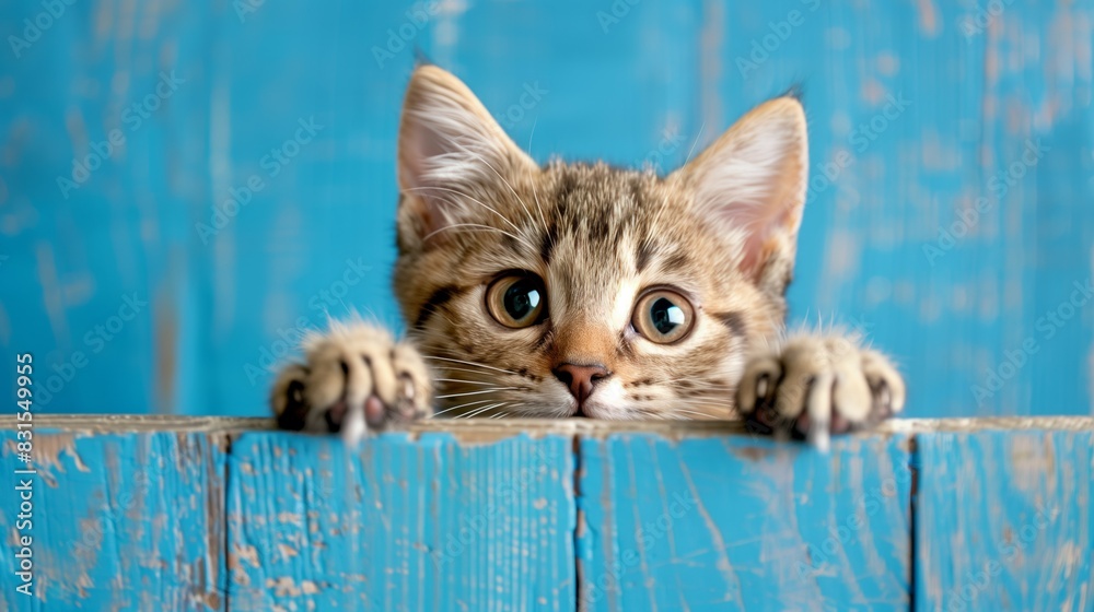 cute kitty hiding and looking at camera with big eyes