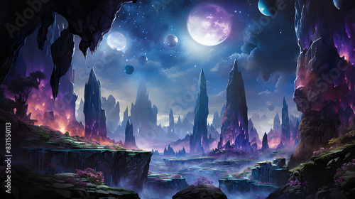 night in the city of aliens landscape with a cave