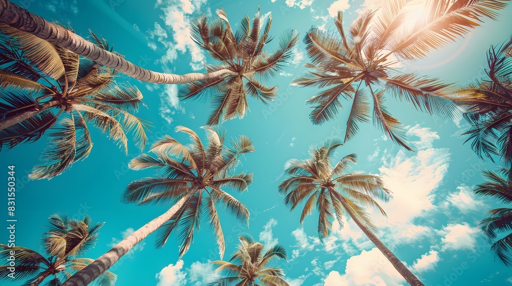 Looking up at blue sky and palm trees, view from below, vintage style, tropical beach and summer background, travel concept. 