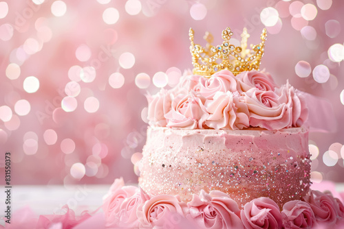  princess themed pink cake with buttercream roses under shimmering lights