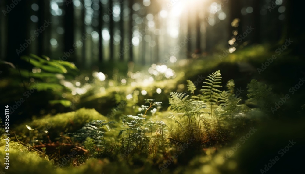 Sunlit Forest Floor with Ferns and Moss