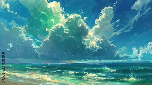 Enchanting ocean view with a large verdant cloud hovering over the horizon photo