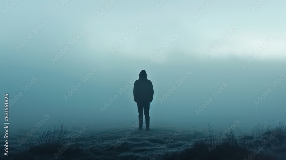 Mysterious Silhouette of Person Fading into Mist - Concept of Detachment and Isolation, Mysterious Silhouette of Person Fading into Mist - Concept of Detachment and Isolation,