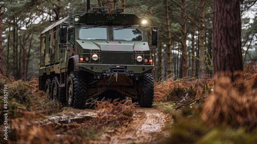 British army Mastiff 6x6 protected patrol vehicle in a woodland close up British army Mastiff 6x6 protected patrol vehicle in a woodland close up