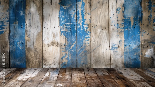 Blue and white flag on a background of worn oak floorboards photo