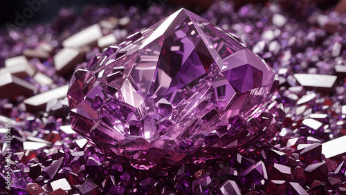 A large, rough, purple crystal surrounded by smaller purple crystals.