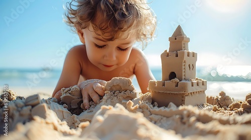 Child building a sandcastle at the beach, enjoying playful creativity photo