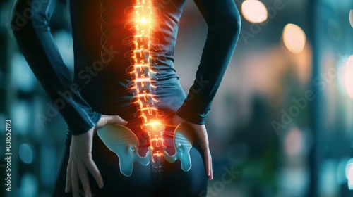 Person with highlighted spine and leg pain lines illustrating back pain radiating. Concept Back Pain, Radiating Pain, Spine Issues, Leg