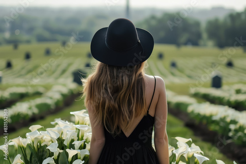 woman in a black dress and wide brimmed hat overlooking a lush lily field, capturing a serene outdoor moment