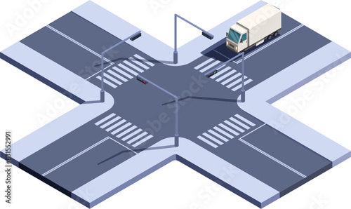 isometric road intersection with traffic lights and truck, vector illustration