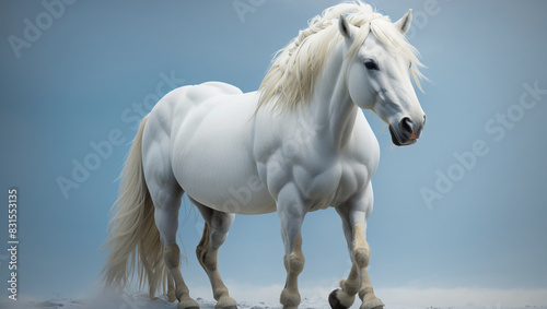 A white horse with long white mane is facing the right of the image