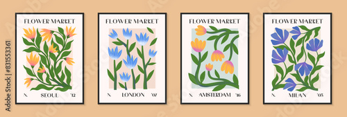 Abstact flower market vector posters with hand drawn florals.Modern botanical illustrations for prints,flyers,banners,invitations,branding design,covers,home decoration.