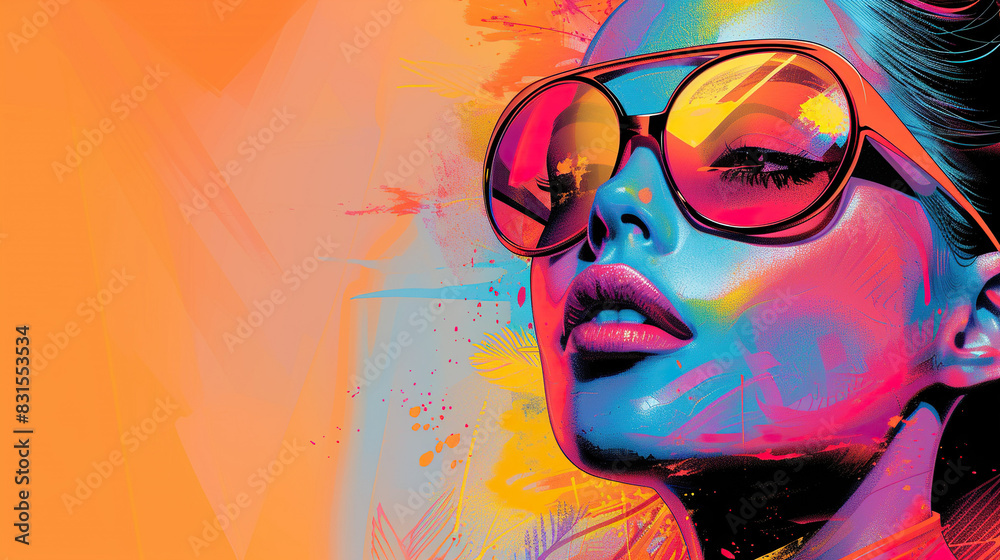 Fashion girl with red lips and glasses Woman retro colorful art face closeup flying hair, . Stylish original graphics portrait with beautiful young attractive girl model, space for text, beauty