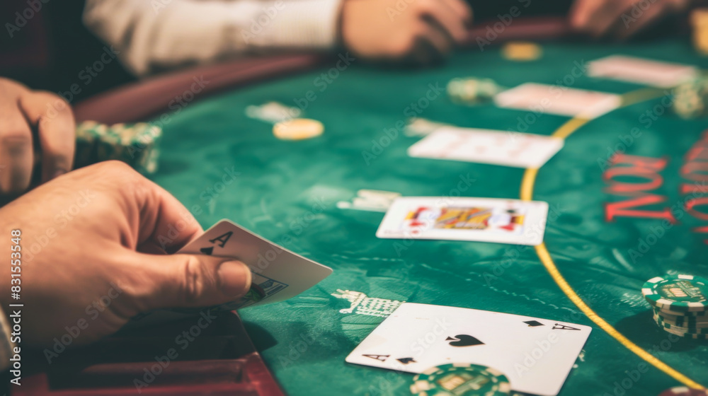 Close-up of a man's hands playing cards at a poker table. Hands holding a pair of poker cards indoors. Concept of gambling, luck. Close-up of a man's hands playing cards at a poker table. Hands holding a pair of poker cards indoors. Concept of gambling, luck.
