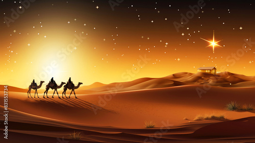 Shining Bethlehem star and silhouette of three wise men on camels in desert. Bright bethlehem star. Christmas religious nativity concept. Banner. Epiphany concept