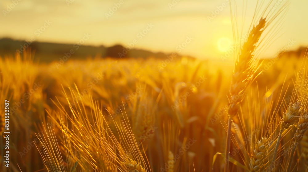 Golden wheat ears in the rays of sunset on an agricultural field. Ripe wheat harvest outdoors. Concept of agriculture, ecology. A bountiful harvest. Golden wheat ears in the rays of sunset on an agricultural field. Ripe wheat harvest outdoors. Concept of agriculture, ecology. A bountiful harvest.