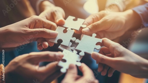 Concept of teamwork and partnership. Hands join puzzle pieces in the office. business people putting the jigsaws team together.Charity, volunteer. Unity, team business. 