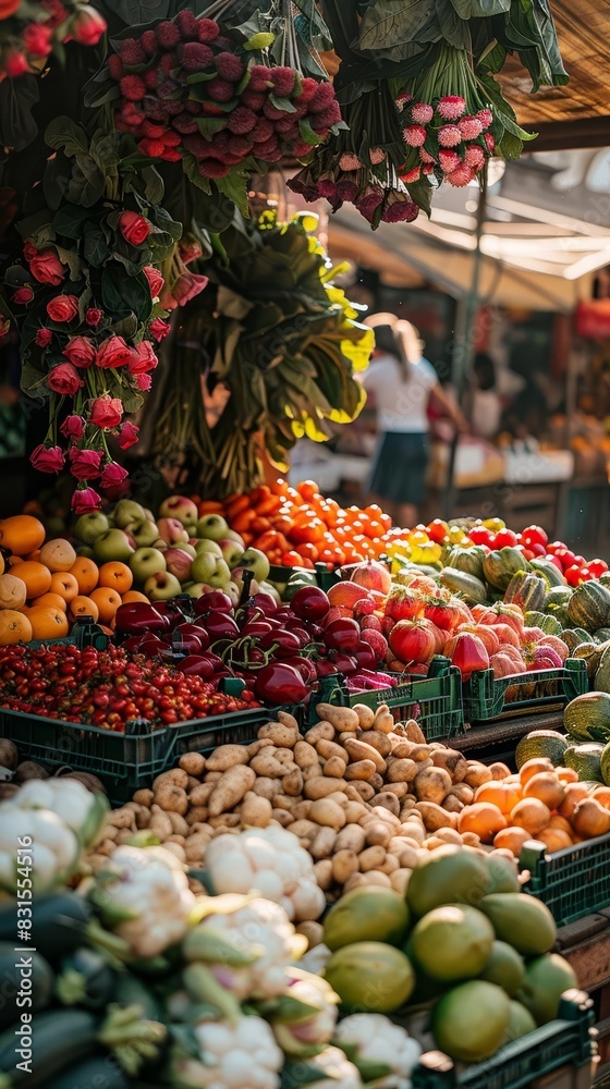 Bustling farmers market with vibrant stalls of fresh fruits, vegetables, and flowers, lively shoppers, and a sunny atmosphere