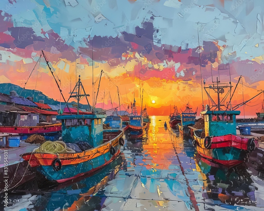 Busy fishing dock at sunset, with colorful boats, nets piled high, and fishermen preparing for the evening catch