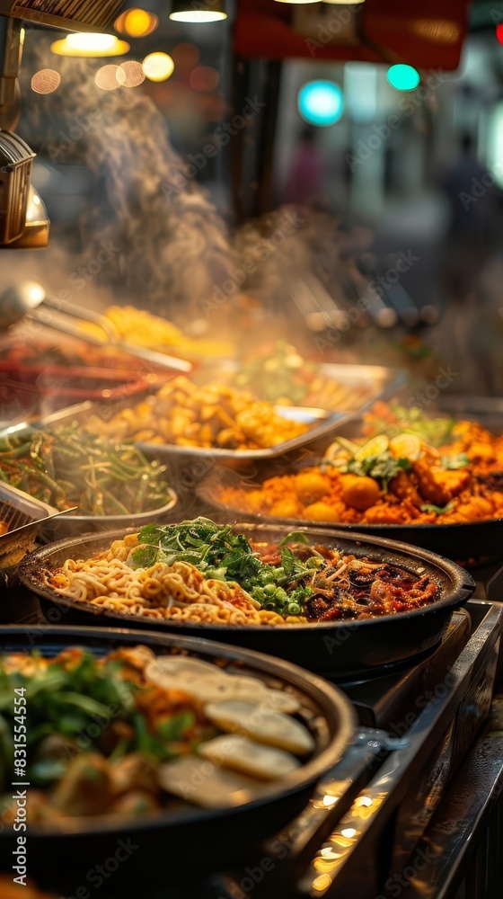 Obraz premium Busy street food scene with a variety of dishes, from steaming bowls of noodles to freshly made tacos, capturing the essence of urban culinary culture