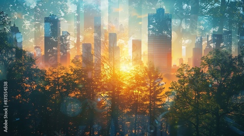 A beautiful digital painting of a cityscape with a forest in the foreground