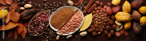 Close-up of various cocoa beans, pods, and other ingredients.