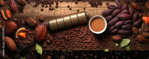 Cocoa beans and cacao nibs on a wooden surface with a cup of hot chocolate. photo