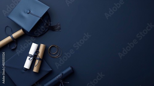 blue graduation cap or hat with degree paper , on blue card wallpaper, convocation concept , degree  , invitation card