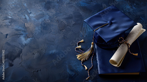 blue graduation cap or hat with degree paper , on blue card wallpaper, convocation concept , degree  , invitation card