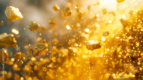 Close-up of gold bars falling from the sky. Gold and wealth are thrown into the air. Concept of money  jewelry.