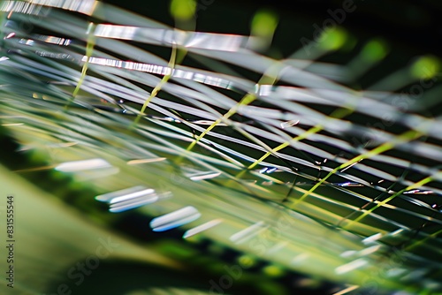 A close-up of a tennis racket strings vibrating after a powerful serve. © Ghulam