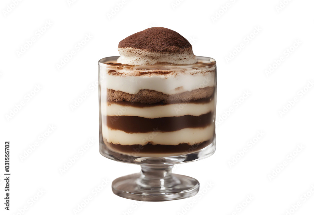 A traditional tiramisu in a glass layers visible isolated on transparent background A traditional tiramisu in a glass layers visible isolated on transparent background