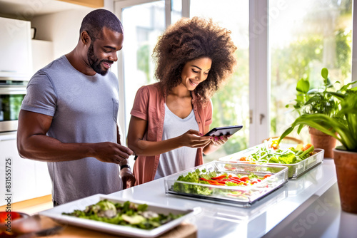 A joyful African American couple finds the perfect vegan recipe on their smartphone  cooking a colorful vegetable dish together in the sunny ambiance of their minimalist kitchen. Wellness concept