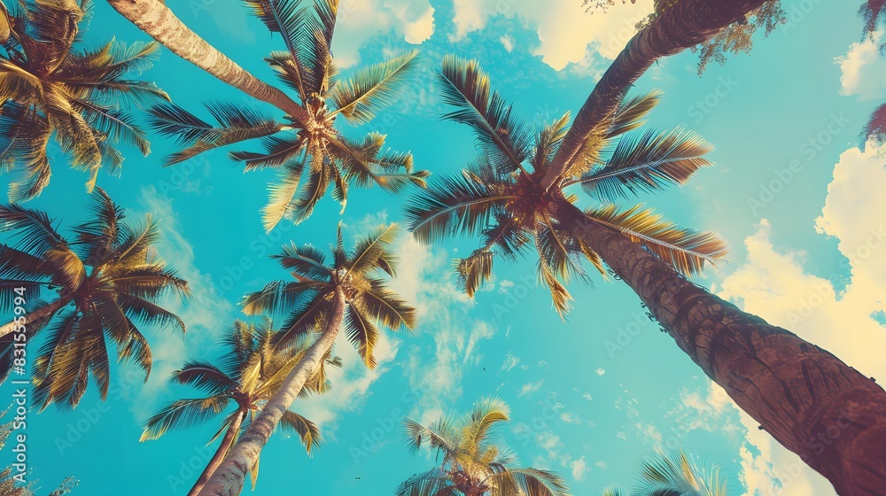 Looking up at blue sky and palm trees, view from below, vintage style, tropical beach and summer background, travel concept. Looking up at blue sky and palm trees, view from below, vintage style, tropical beach and summer background, travel concept.