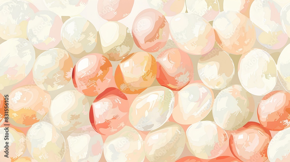White and pink pearls in the shape of small ovals, with transparent effects, pastel colors, and a patterned background. White and pink pearls in the shape of small ovals, with transparent effects, pastel colors, and a patterned background.