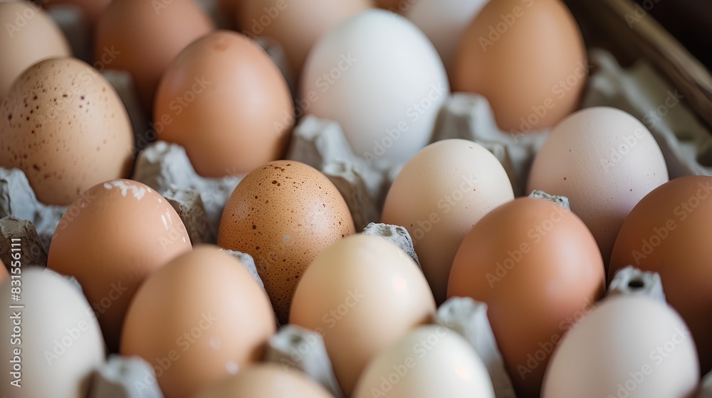 A pile of eggs in egg cartons, with some showing the brown and white coloration of fresh farm-grown eggs. The focus is on capturing details such as textures and patterns on each one, highlighting the A pile of eggs in egg cartons, with some showing the brown and white coloration of fresh farm-grown eggs. The focus is on capturing details such as textures and patterns on each one, highlighting the