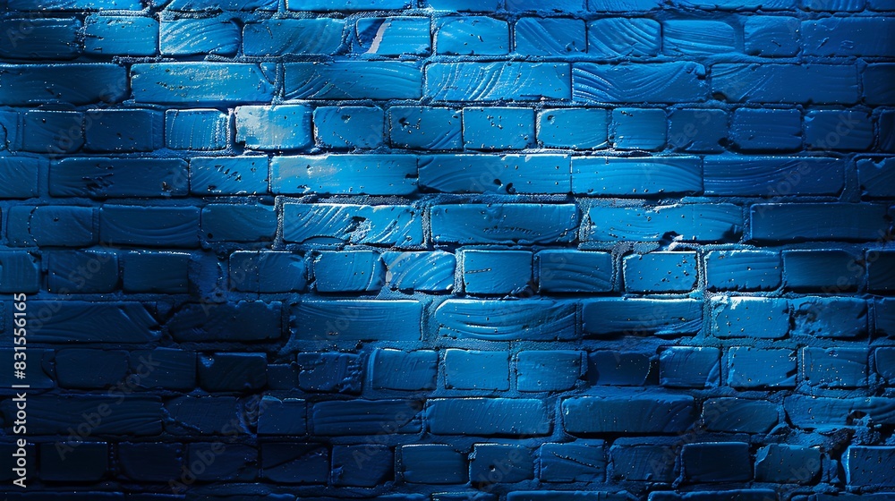 Abstract blue brick wall background with dark lighting. Blue glowing wall texture for design, poster or banner.