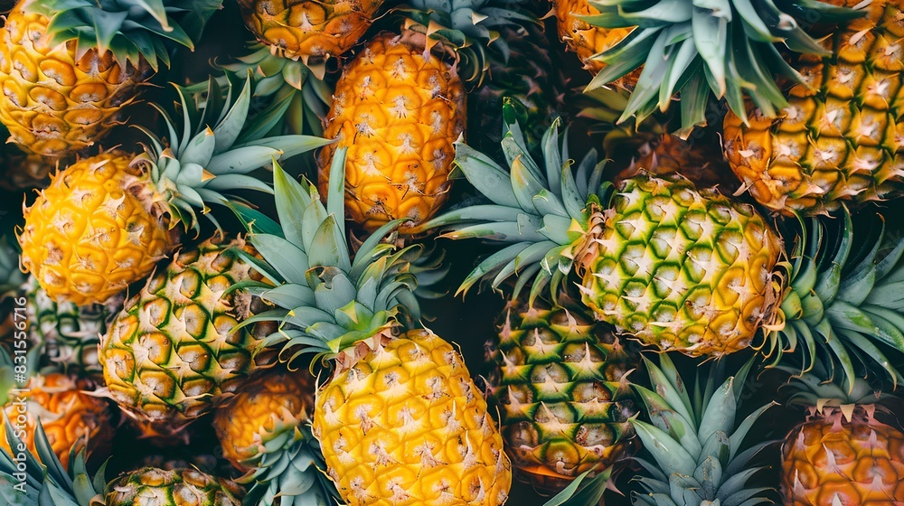 A pile of fresh pineapple fruits, vibrant and juicy against the background of dark green leaves. A colorful scene showcasing nature's beauty in closeup, with focus on individual pineapples. A pile of fresh pineapple fruits, vibrant and juicy against the background of dark green leaves. A colorful scene showcasing nature's beauty in closeup, with focus on individual pineapples.