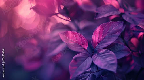 A vibrant purple gradient background with a closeup of leaves, creating an enchanting and dreamy atmosphere for design projects. 