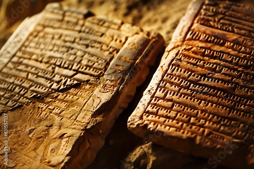 A close-up of two ancient clay tablets with cuneiform script pressed into their surface. photo