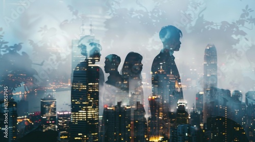 Double exposure of group of businessperson and cityscape.  photo