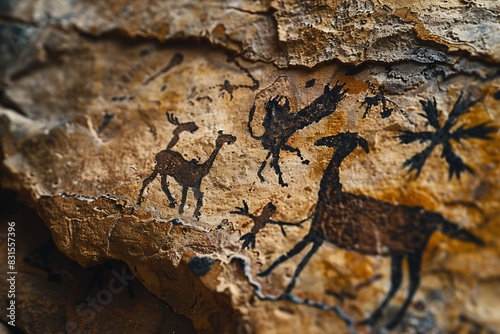 A close-up of two cave paintings depicting animals and symbols  a form of early communication.