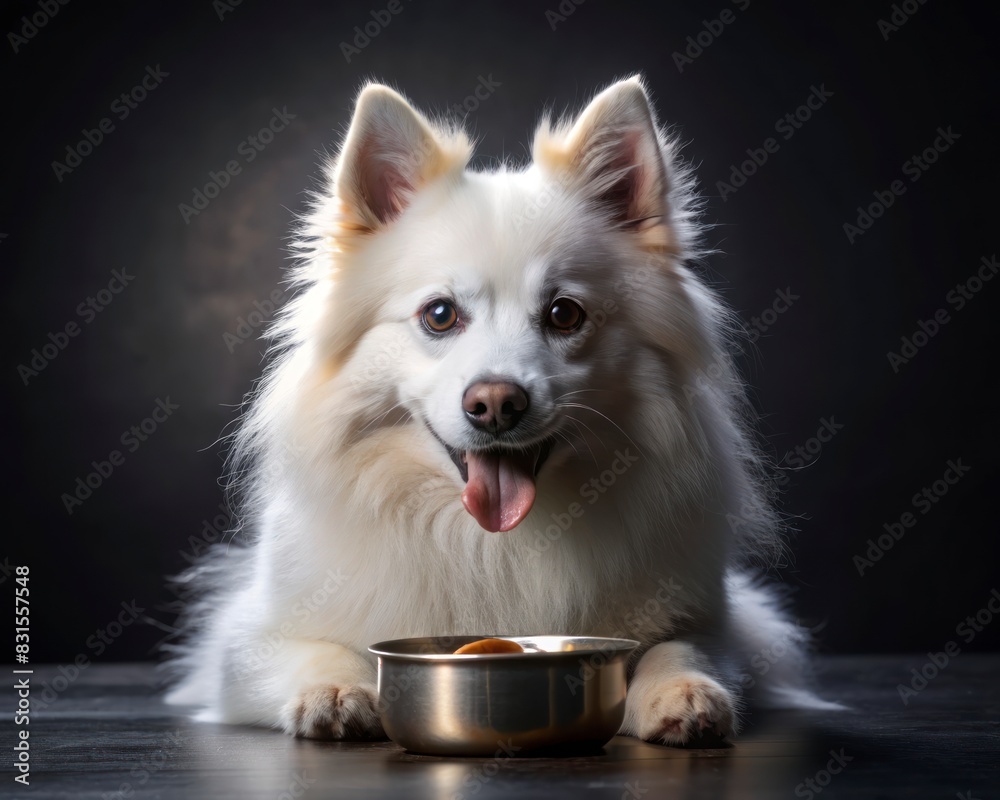 Obraz premium American Eskimo Dog sitting on a dark smoky background and eating from a bowl.