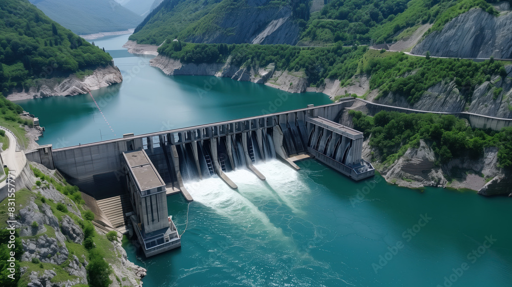 Aerial view of a hydroelectric dam and reservoir Aerial view of a hydroelectric dam and reservoir