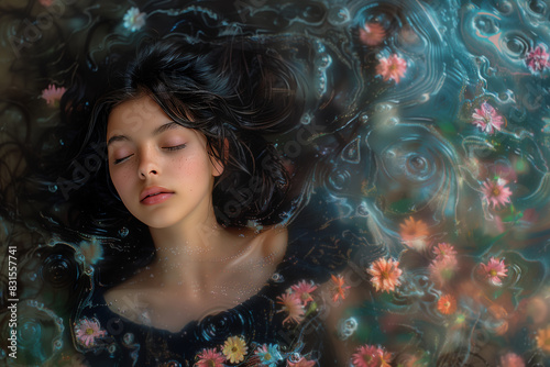 What dreams may come? A young woman dreams as though she is floating in water and with flowers.