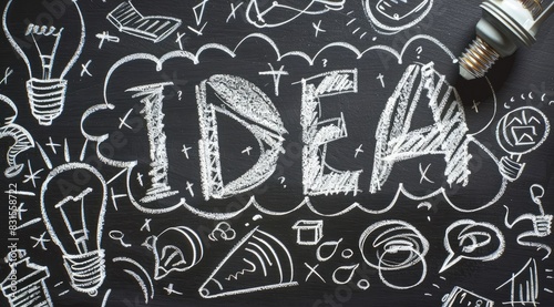 The word IDEA written in white chalk on a blackboard background with doodles of light bulbs question, brainstorming elements symbolizing creativity