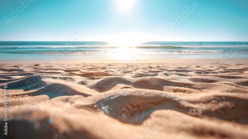 Close up sand with blurred sea sky background, summer day, copy space or for product. Summer background concept. 