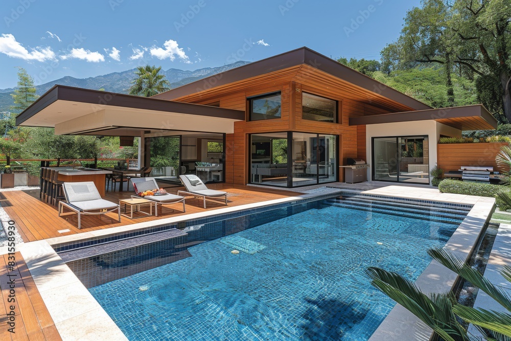 Modern luxury villa with a private pool, sun loungers, and scenic views, offering an exclusive and serene retreat perfect for relaxation and upscale living