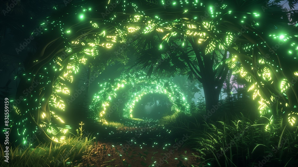 A bioluminescent archway casts an enchanting, magical light across the forest floor. A bioluminescent archway casts an enchanting, magical light across the forest floor.