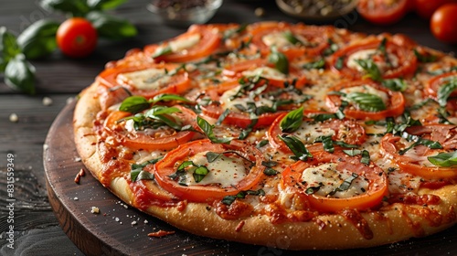 italian cuisine, savor a mouthwatering margherita pizza with ripe tomatoes, gooey mozzarella, and fragrant basil on a crispy thin crust a classic italian delight